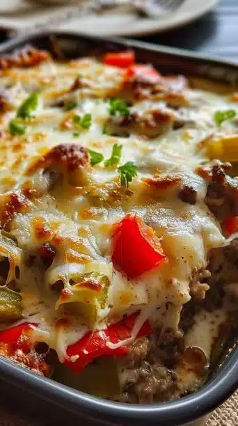 Low Carb Philly Cheesesteak Casserole