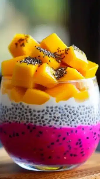 Mango and dragon fruit chia pudding served in a bowl with fresh fruit toppings