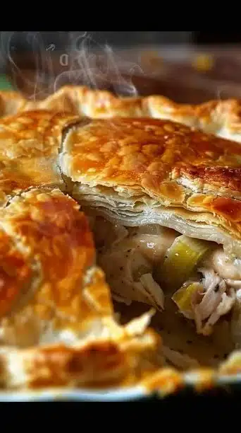 Mary Berry's Chicken and Leek Pie baked and garnished, ready to serve.