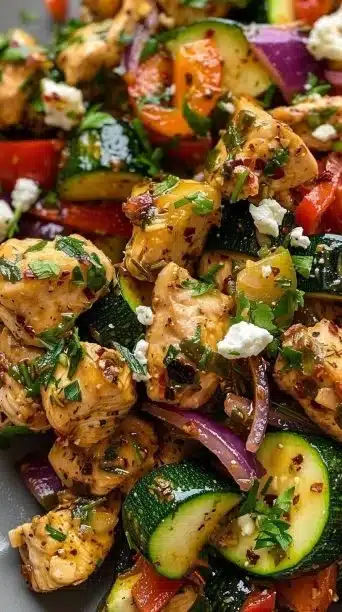 Mediterranean Chicken Stir Fry with colorful vegetables in a skillet