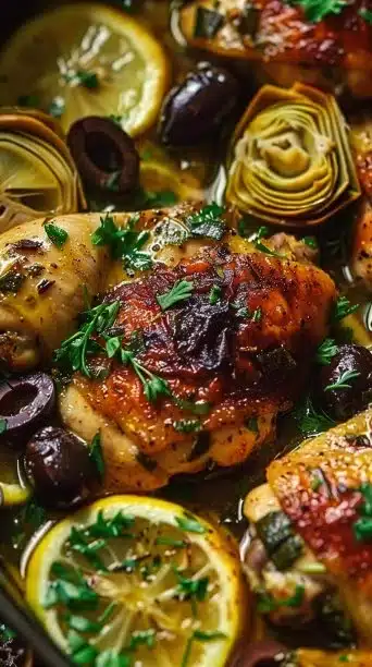 Delicious Mediterranean Lemon Chicken garnished with fresh herbs and lemon slices