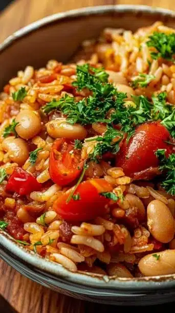 Bowl of Mediterranean Rice and Beans garnished with herbs.