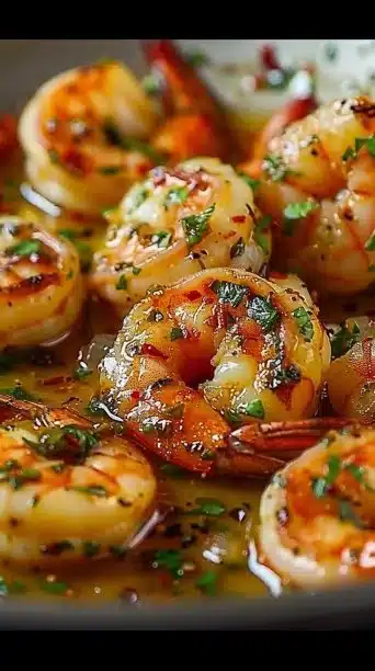 Mediterranean shrimp skillet with lemon garlic sauce in a frying pan