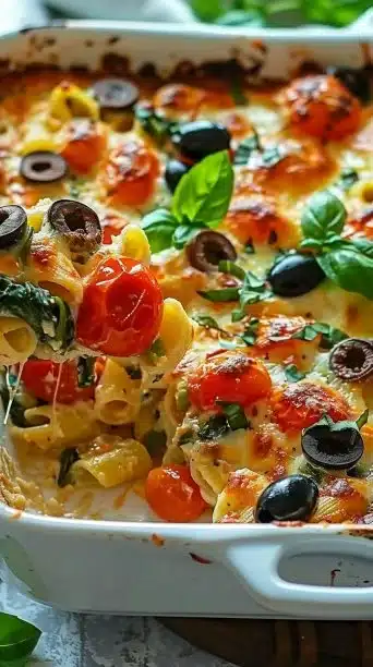 Mediterranean Vegetable Pasta Bake with fresh vegetables and herbs