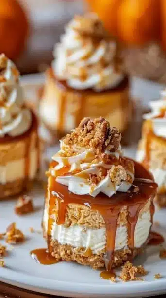 Mini pumpkin cheesecakes topped with whipped cream and pumpkin spice
