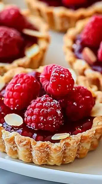 Plate of mini raspberry almond tarts with fresh raspberries on top