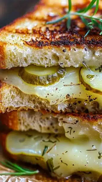Crispy dill pickle grilled cheese sandwich with golden brown crust