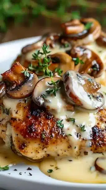Creamy Mushroom Asiago Chicken dish garnished with herbs