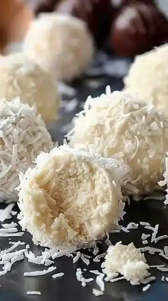 Delicious no bake coconut cream balls topped with shredded coconut.