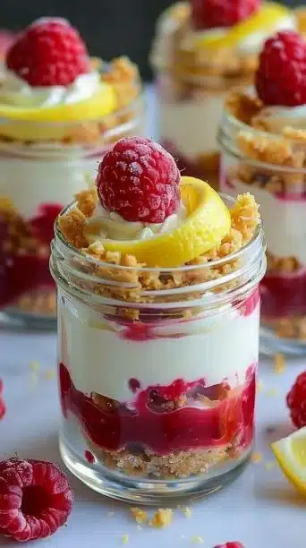 No Bake Lemon Raspberry Cheesecake Parfaits with fresh raspberries and lemon zest