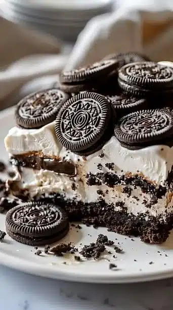 Delicious no-bake Oreo dessert served in a glass dish with crushed Oreos on top.