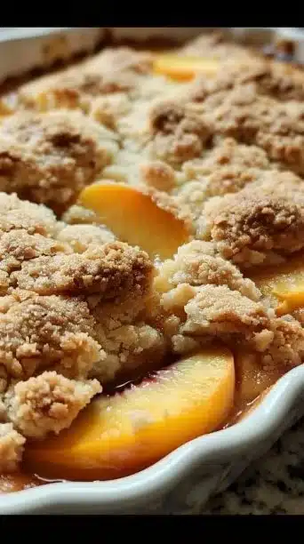 Delicious old-time oven peach cobbler served warm with a scoop of vanilla ice cream
