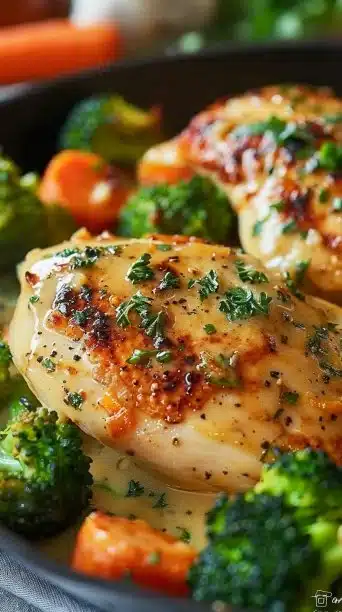 One-Pan Creamy Garlic Chicken with Veggies served in a skillet