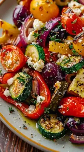 A colorful dish of One Pan Greek Vegetables featuring vibrant seasonal ingredients.