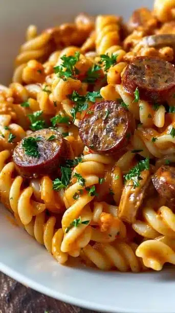 One-Pot Creamy Cajun Sausage Pasta served in a bowl with herbs and spices.