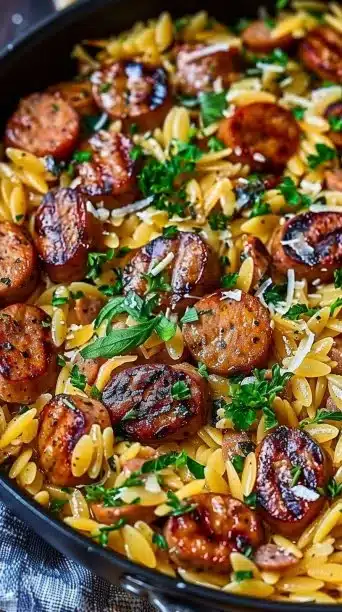 One-Pot Garlic Butter Sausage and Orzo dish cooked in a skillet