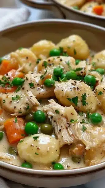 One Pot Gnocchi Chicken Pot Pie with creamy sauce and vegetables