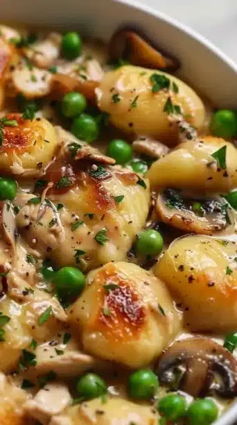 One pot gnocchi chicken pot pie featuring chicken, gnocchi, and vegetables