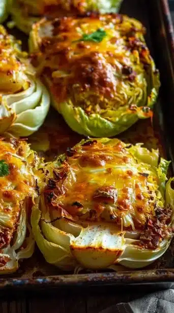 Oven-baked cabbage burgers topped with cheese and served on a plate