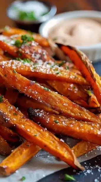 Oven baked sweet potato fries on a plate, garnished with herbs.
