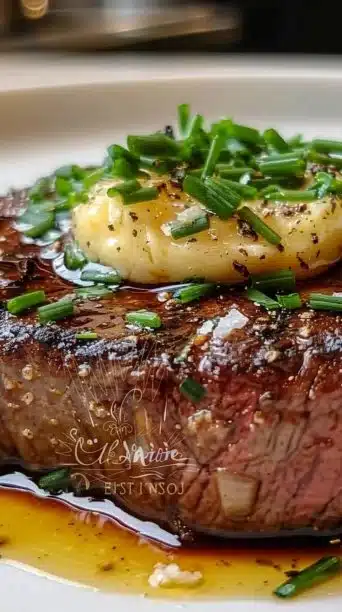 Delicious pan seared steak topped with garlic butter on a plate.
