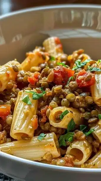 Healthy dish of pasta with lentils served with vegetables and herbs