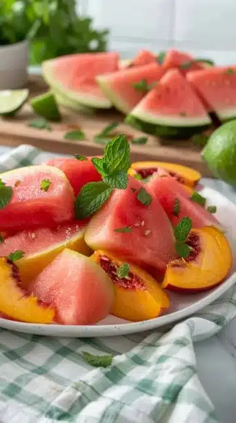 Fresh Peach Watermelon Salad with vibrant fruits and mint garnish