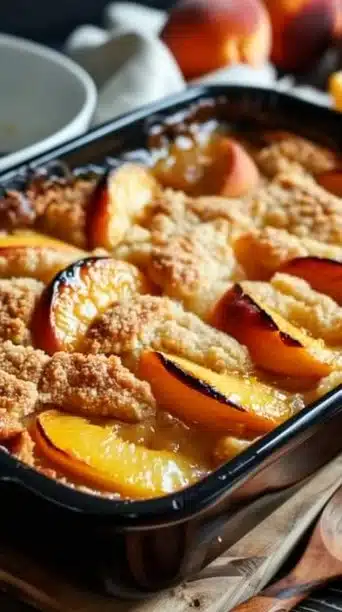 Delicious homemade peach cobbler dessert served warm with ice cream