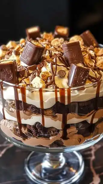 Peanut Butter Brownie Trifle dessert with layers of brownie, peanut butter, and cream.