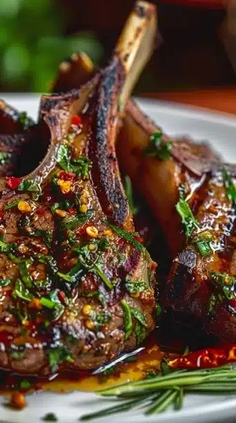 Deliciously plated perfect pan seared lamb chops garnished with herbs