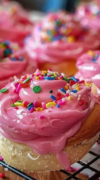 Fluffy pink velvet cinnamon rolls drizzled with cream cheese icing