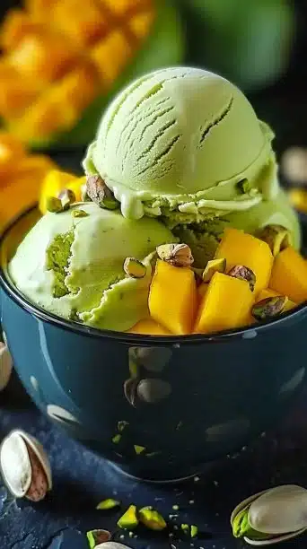 Delicious homemade Pistachio Mango Ice Cream in a bowl