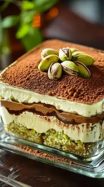 Delicious pistachio tiramisu dessert with layers of cream and pistachios