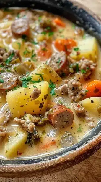 Bowl of Potato And Sausage Chowder with herbs and crusty bread
