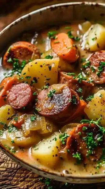 Bowl of hearty Potato Kielbasa Soup with vegetables and sausage