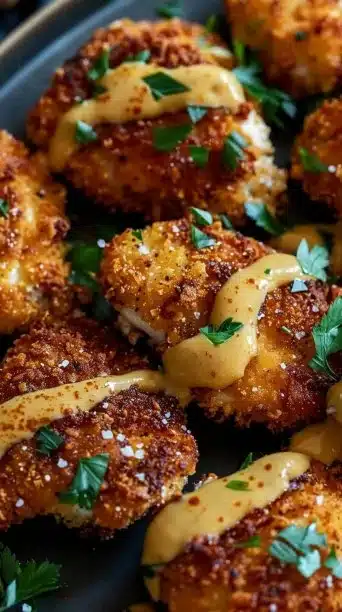 Crispy pretzel chicken topped with mustard-cheddar sauce on a plate