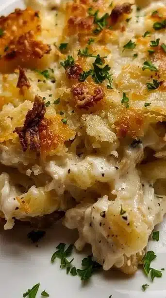 Creamy Chicken Alfredo Casserole topped with cheese, perfect for quick weeknight meals.