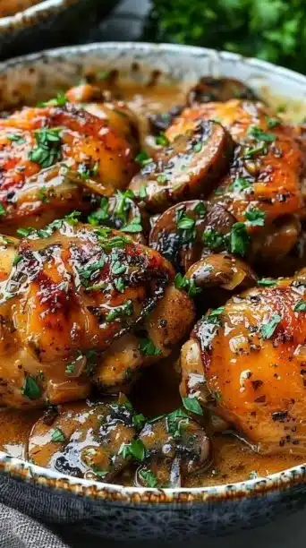 Creamy garlic mushroom chicken thighs served on a rustic plate