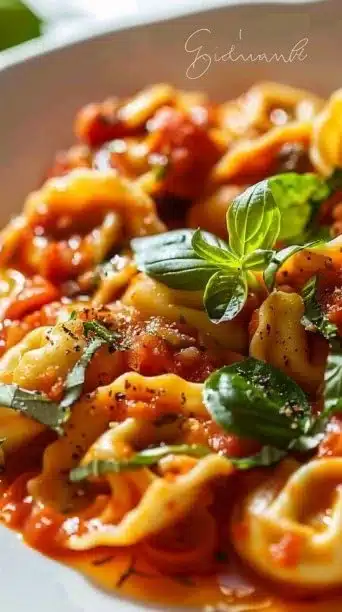 One Pan Tomato Basil Tortellini topped with fresh basil and served in a creamy sauce