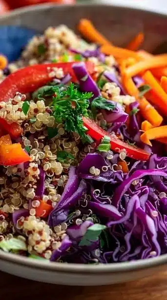 Quinoa and red cabbage salad with fresh vegetables and dressing