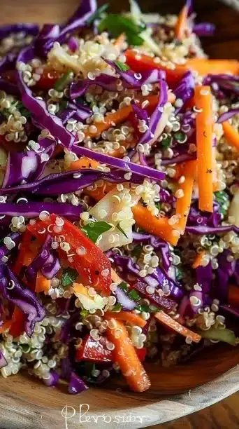 Quinoa and red cabbage salad in a bowl, garnished with herbs.