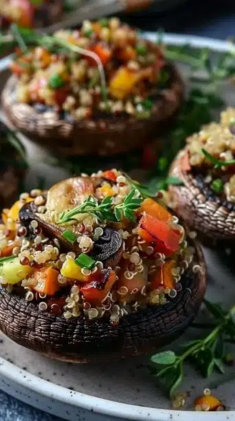 Quinoa and vegetable stuffed portobello mushrooms on a serving plate
