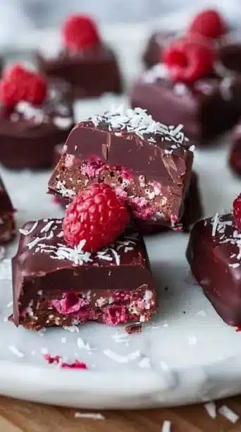 Delicious homemade Raspberry Coconut Chocolate Bars with vibrant raspberries and creamy coconut.