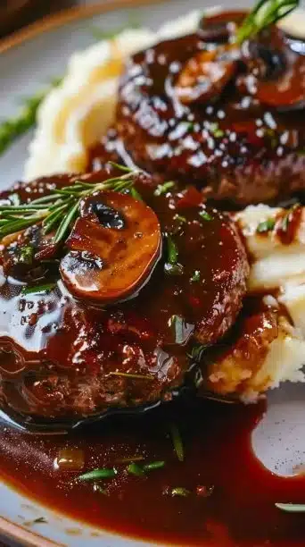 Red Wine Gravy Salisbury Steak served with vegetables