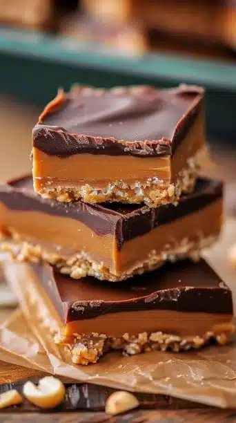 Delicious Reese's Peanut Butter No-Bake Bars topped with chocolate.