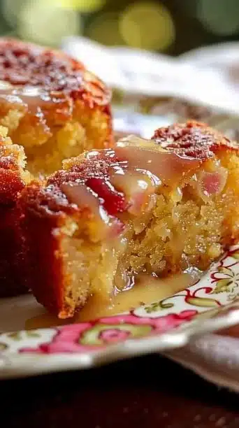 Moist and tangy rhubarb cake served on a white plate with fresh rhubarb