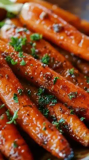 Delicious roasted brown sugar carrots garnished and ready to serve.
