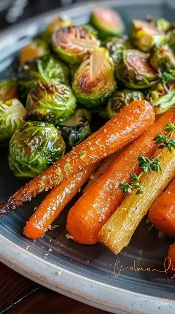 Deliciously roasted carrots and Brussel sprouts seasoned and ready to eat.
