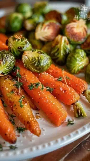 Plate of roasted carrots and Brussels sprouts garnished with herbs