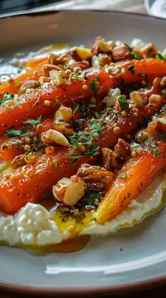 Plate of roasted carrots with whipped ricotta and hot honey drizzle